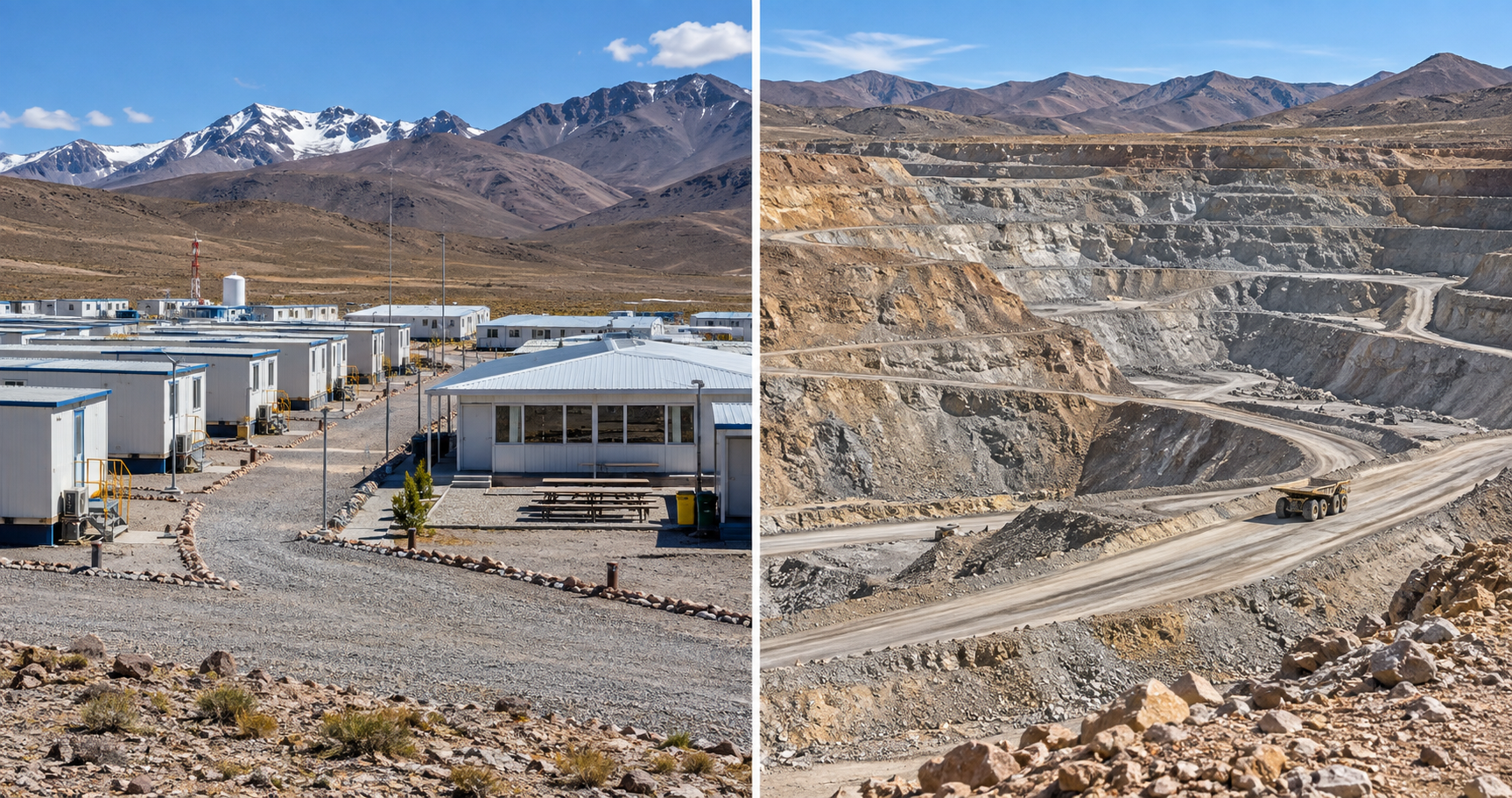 Campamento minero y yacimiento a cielo abierto en dos imágenes