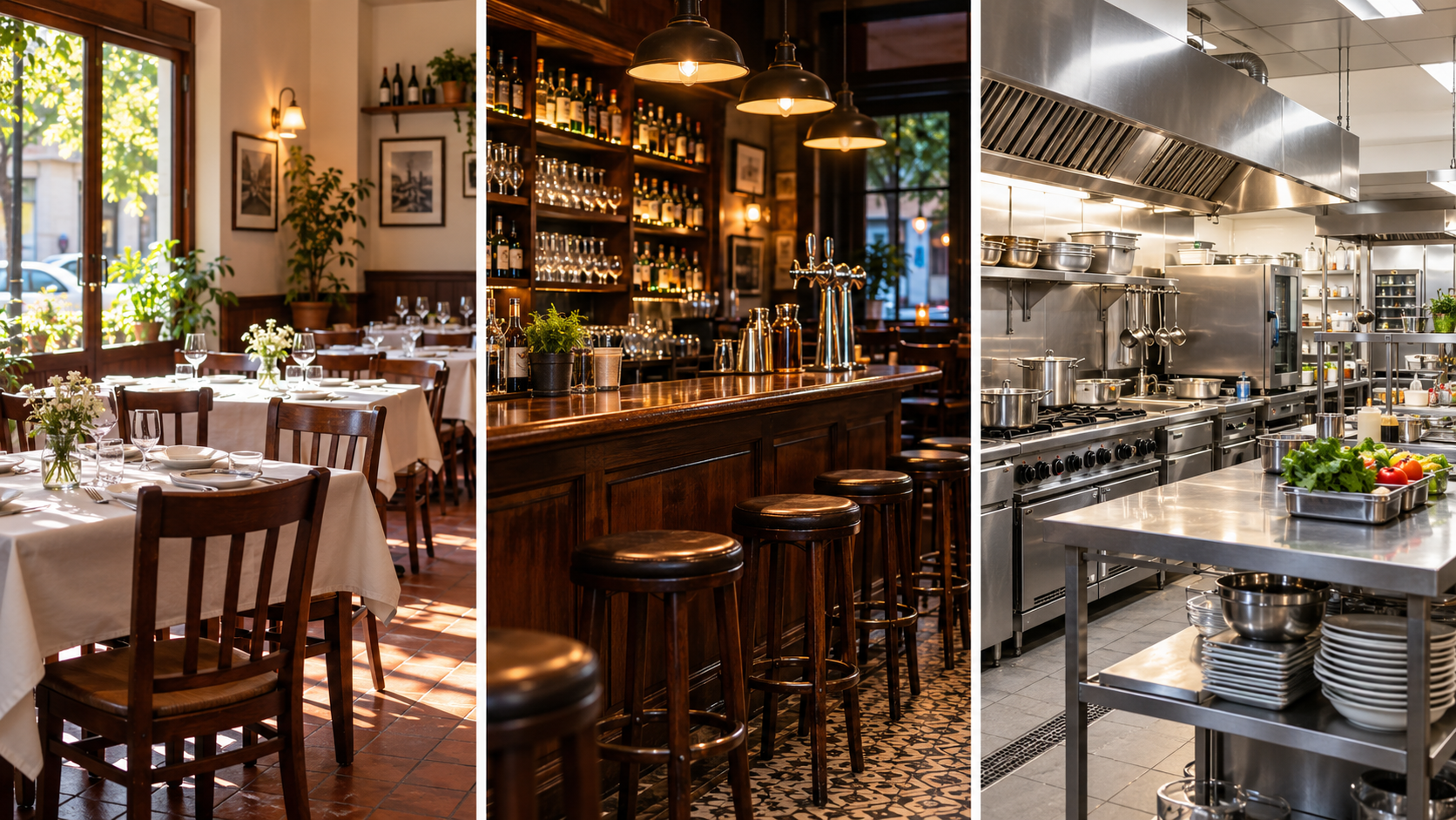 Restaurante, bar y cocina gastronómica en tres imágenes