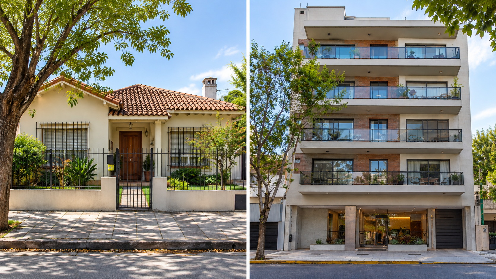 Casa de barrio argentino y edificio de departamentos en dos imágenes