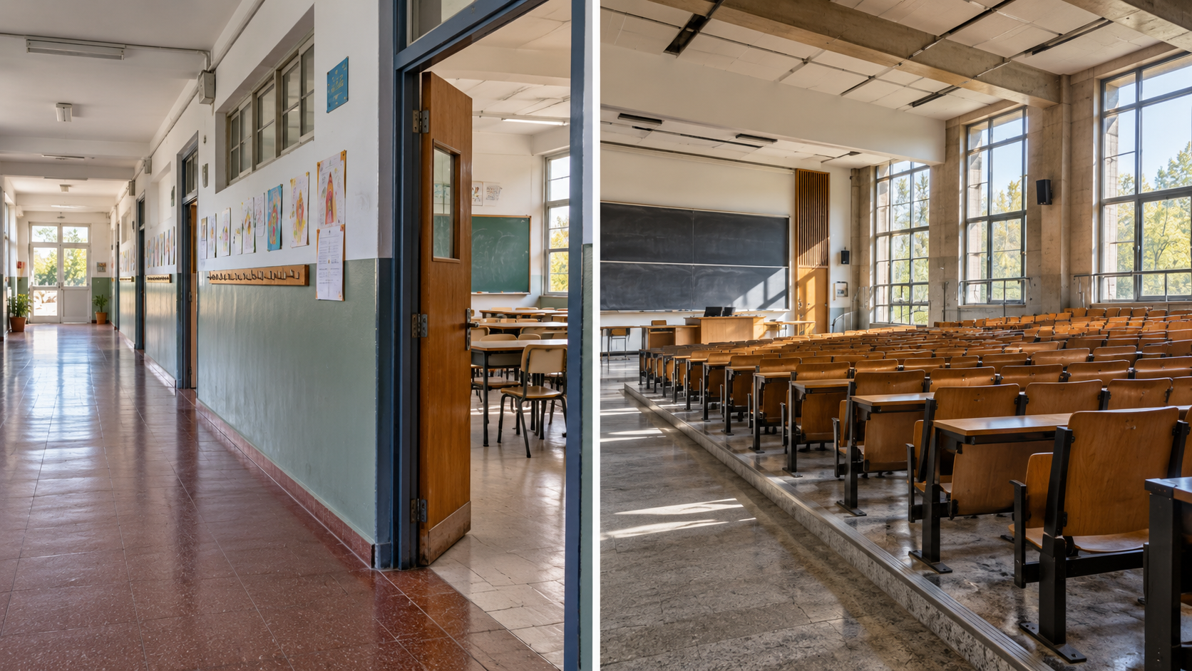 Escuela y aula universitaria en dos imágenes
